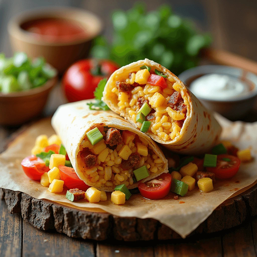 A breakfast burrito filled with seasoned rice, pineapple chunks, and sausage, garnished with fresh cherry tomatoes and green onions, served on rustic parchment paper.
