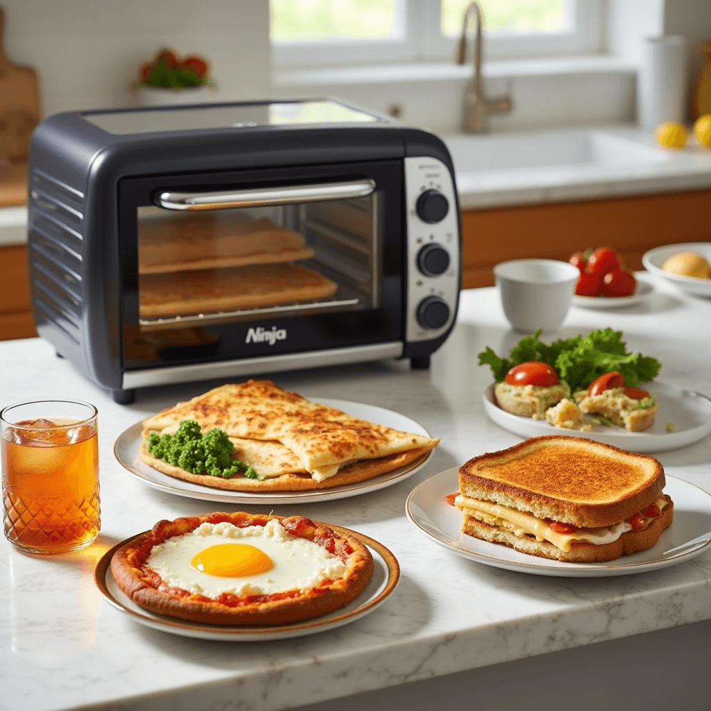 A Ninja Toaster Oven Lunch Recipes oven on a kitchen counter with a grilled cheese sandwich, a pizza with an egg on top, and a crispy quesadilla.