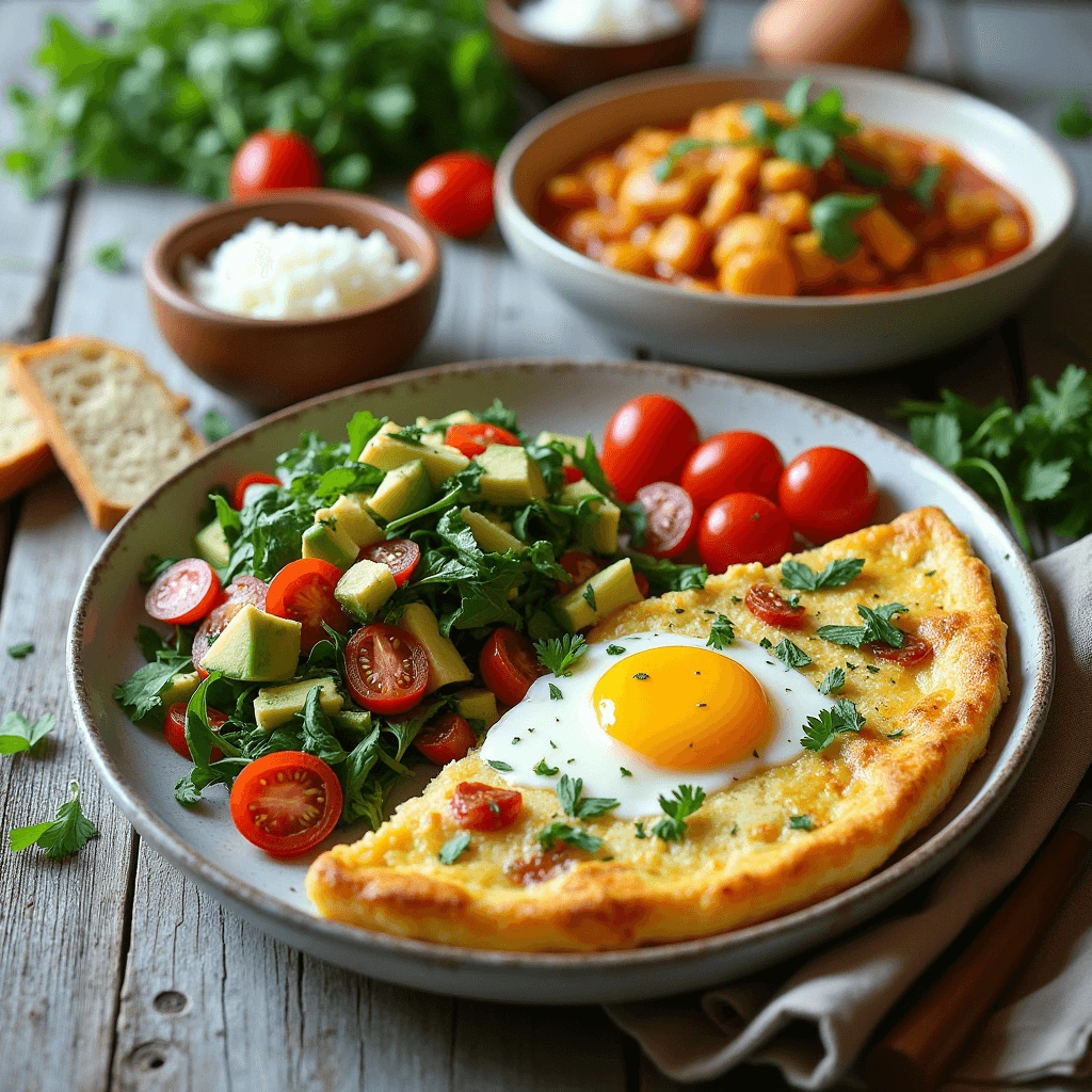 A variety of egg dishes including a spinach and tomato omelet, a salad with boiled eggs and avocado, and a bowl of seasoned couscous, set on a rustic wooden table.