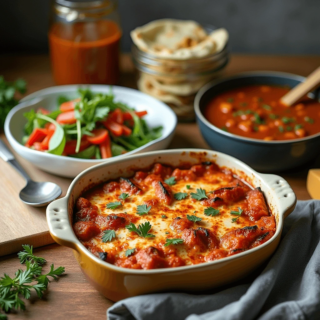 A baked casserole with golden melted cheese, served with fresh salad, tomato-based soup, and warm naan bread for an easy make-ahead dinner.